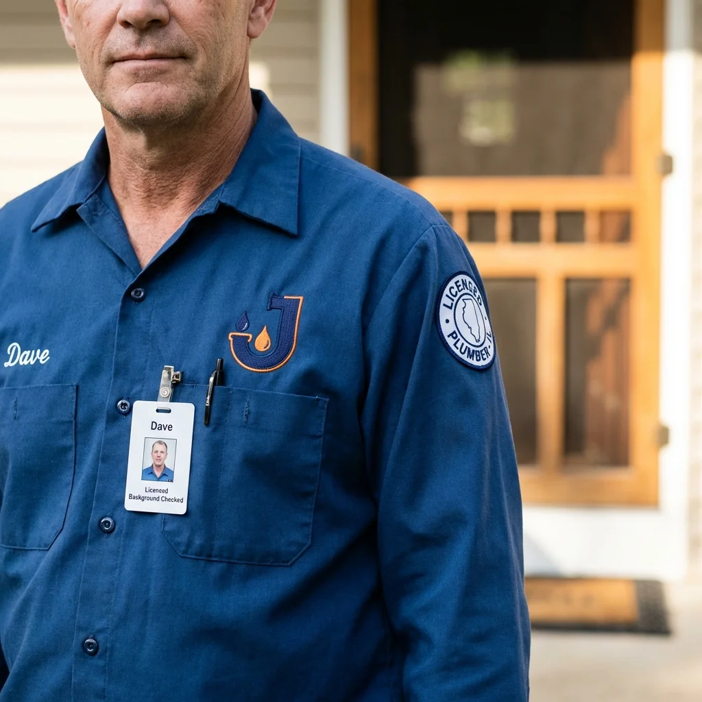 Licensed plumber showing ID badge in Metairie, LA