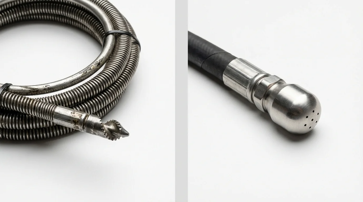 Drain snake cable and hydro jetting nozzle used for drain cleaning in Metairie, LA