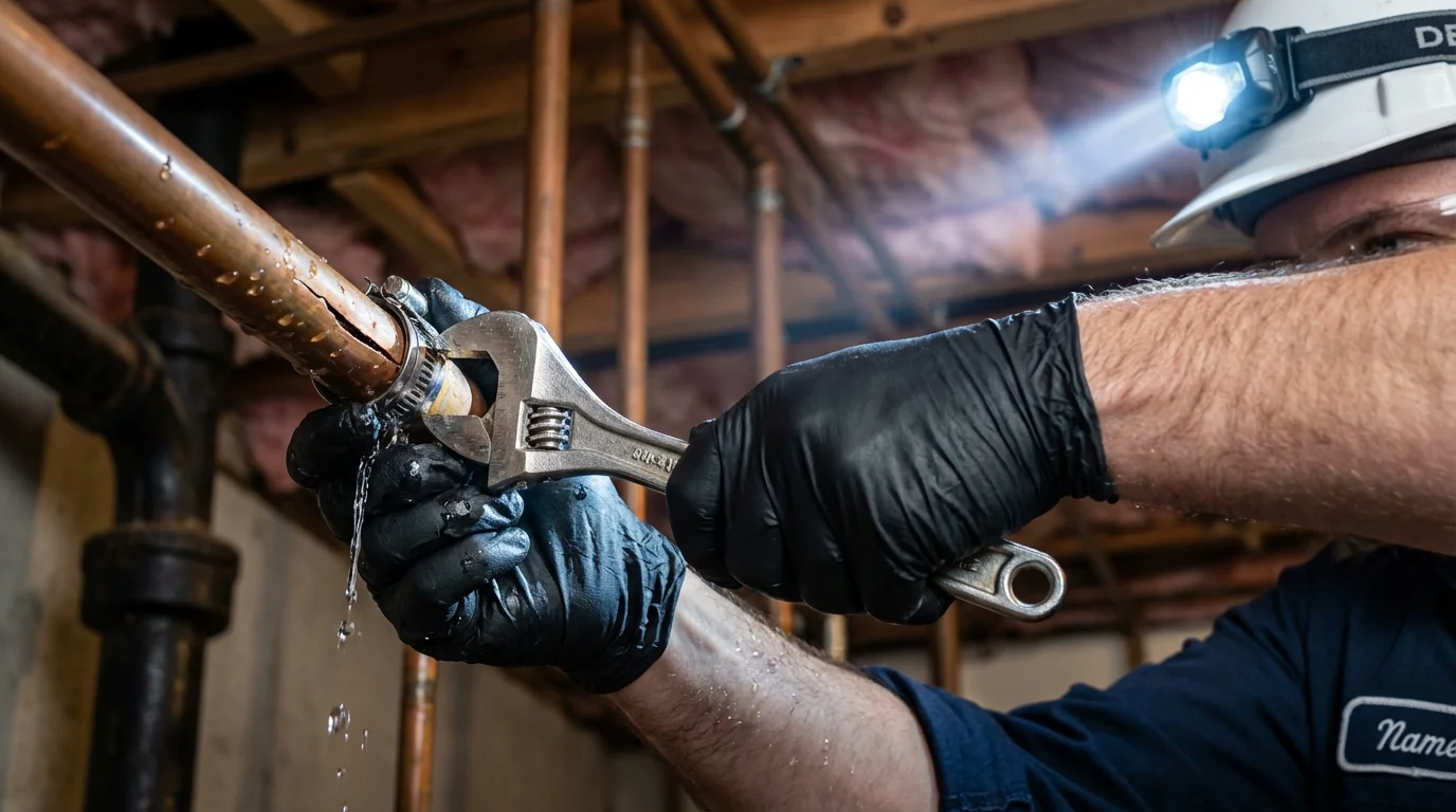 Emergency pipe clamp repair being performed by a Johns Plumbing LLC plumber in Metairie