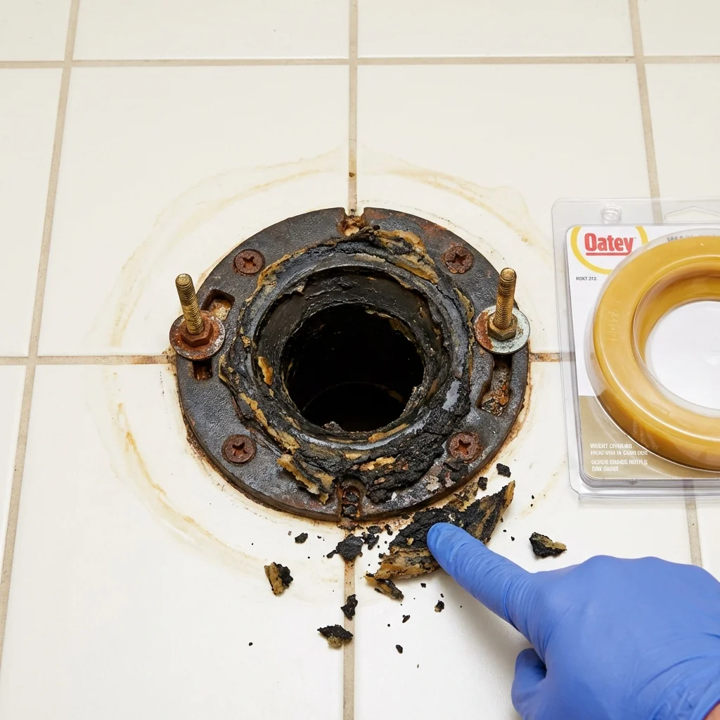 Failed wax ring showing water seepage at the base of a toilet in a Metairie, LA home