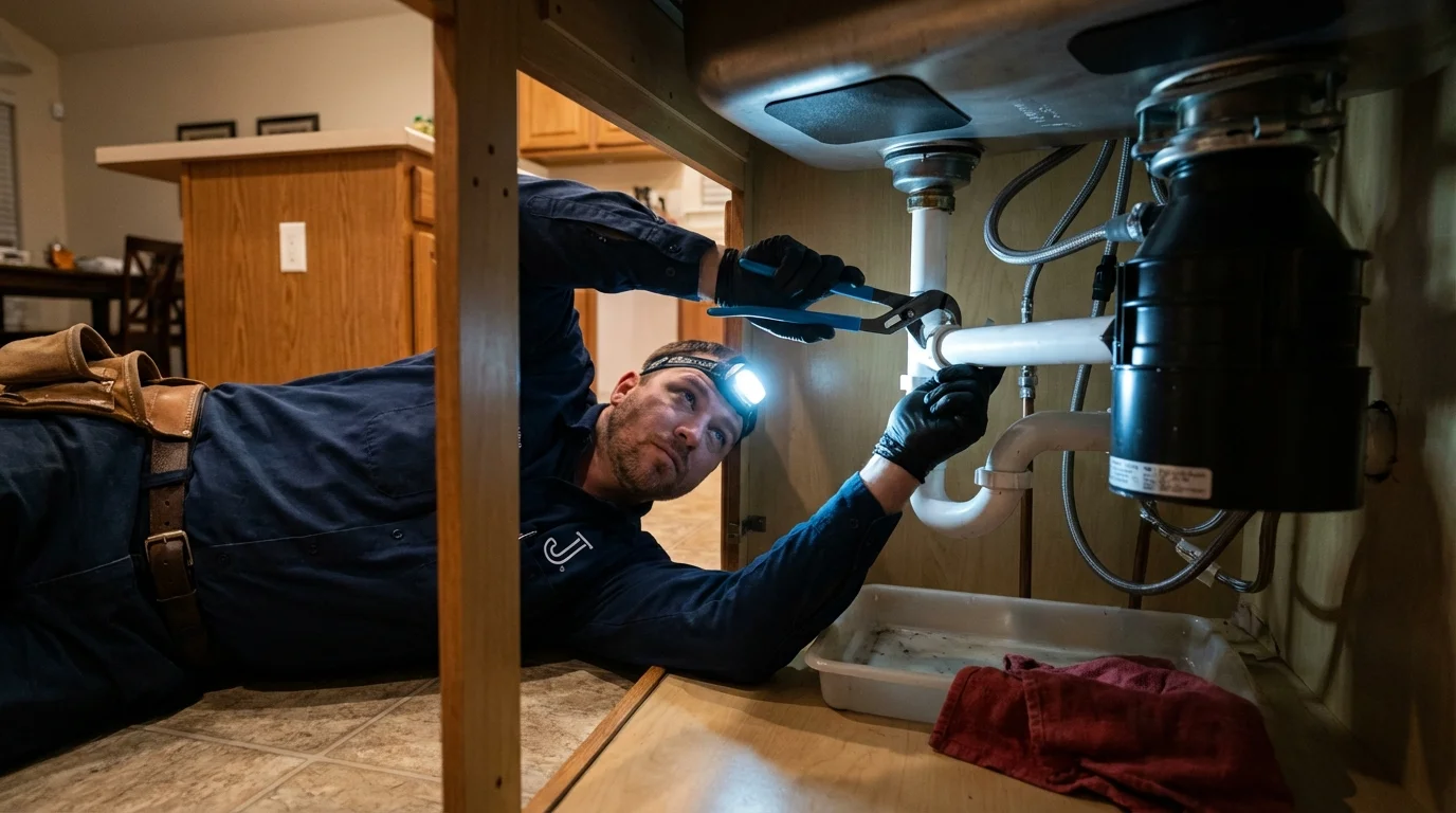 P-trap and supply line connections under a kitchen sink showing a common leak point in Metairie, LA